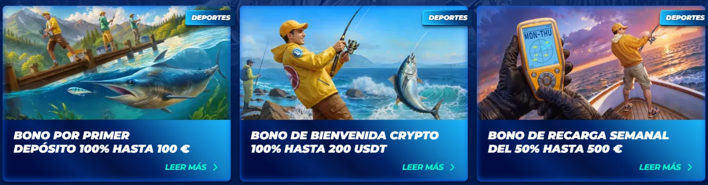 Banner del bono de pesca de Bassbet Casino con motivos de pesca y varias ofertas de bonificación
