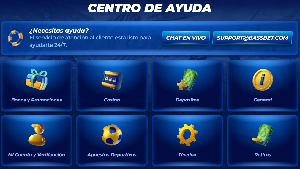 Centro de ayuda de Bassbet Casino con chat en vivo, soporte y categorías de atención al cliente