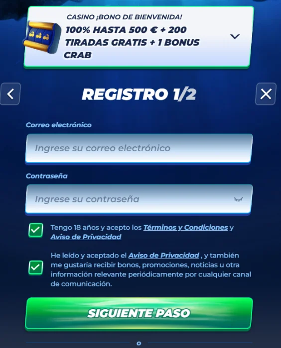 Formulario de registro de Bassbet Casino con bono de bienvenida y oferta de bonificación