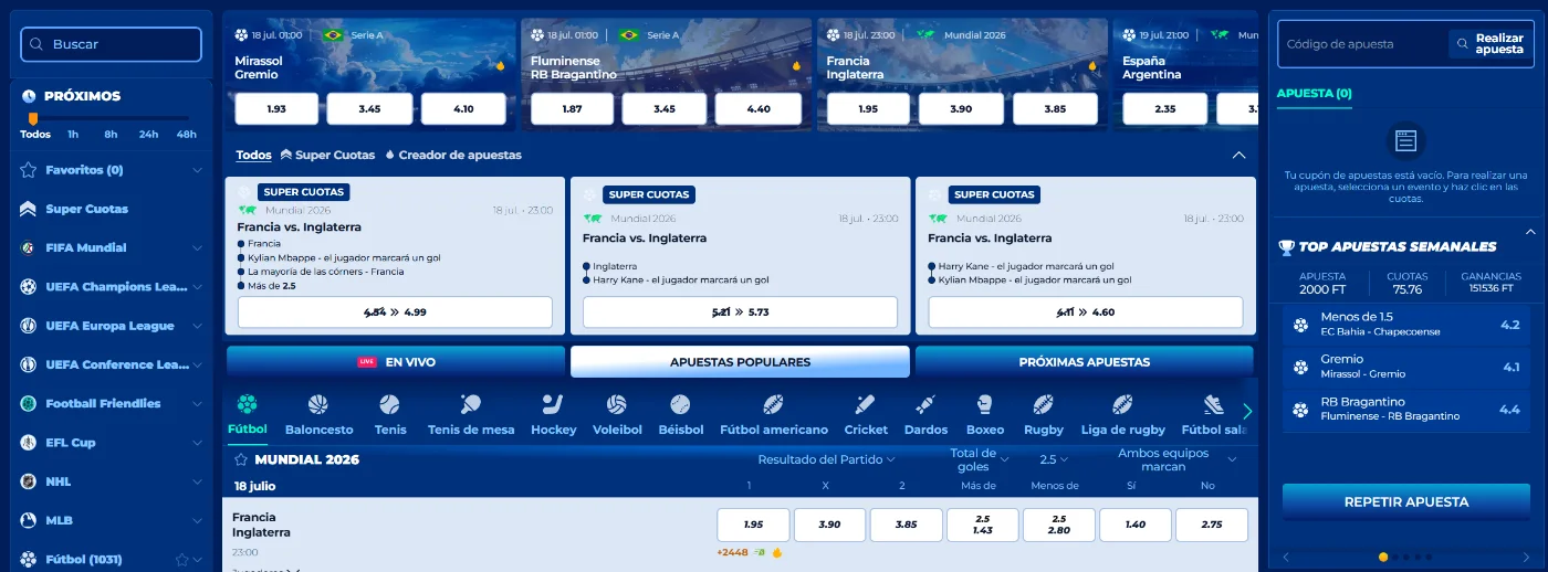 Interfaz de apuestas deportivas de Bassbet Casino con apuestas de fútbol, cuotas y ofertas de apuestas en vivo